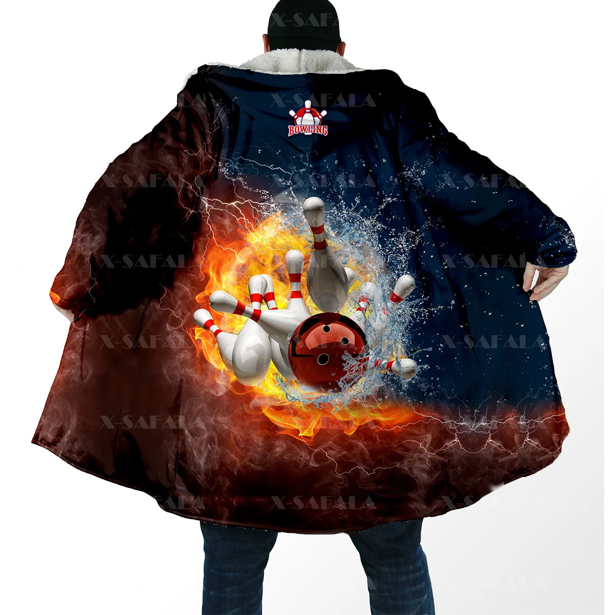 

Bowling Lover Gift Fire Ball Bowler Sports Thick Warm Hooded Cloak Men Overcoat Coat Windproof Fleece Cape Robe Blanket-8