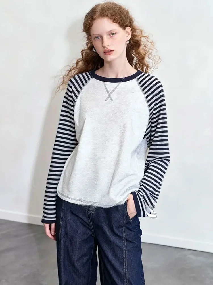 

Футболка в полоску с круглым вырезом, модный дизайн, осенняя новинка, универсальный свободный крой, длинный рукав, для повседневной носки