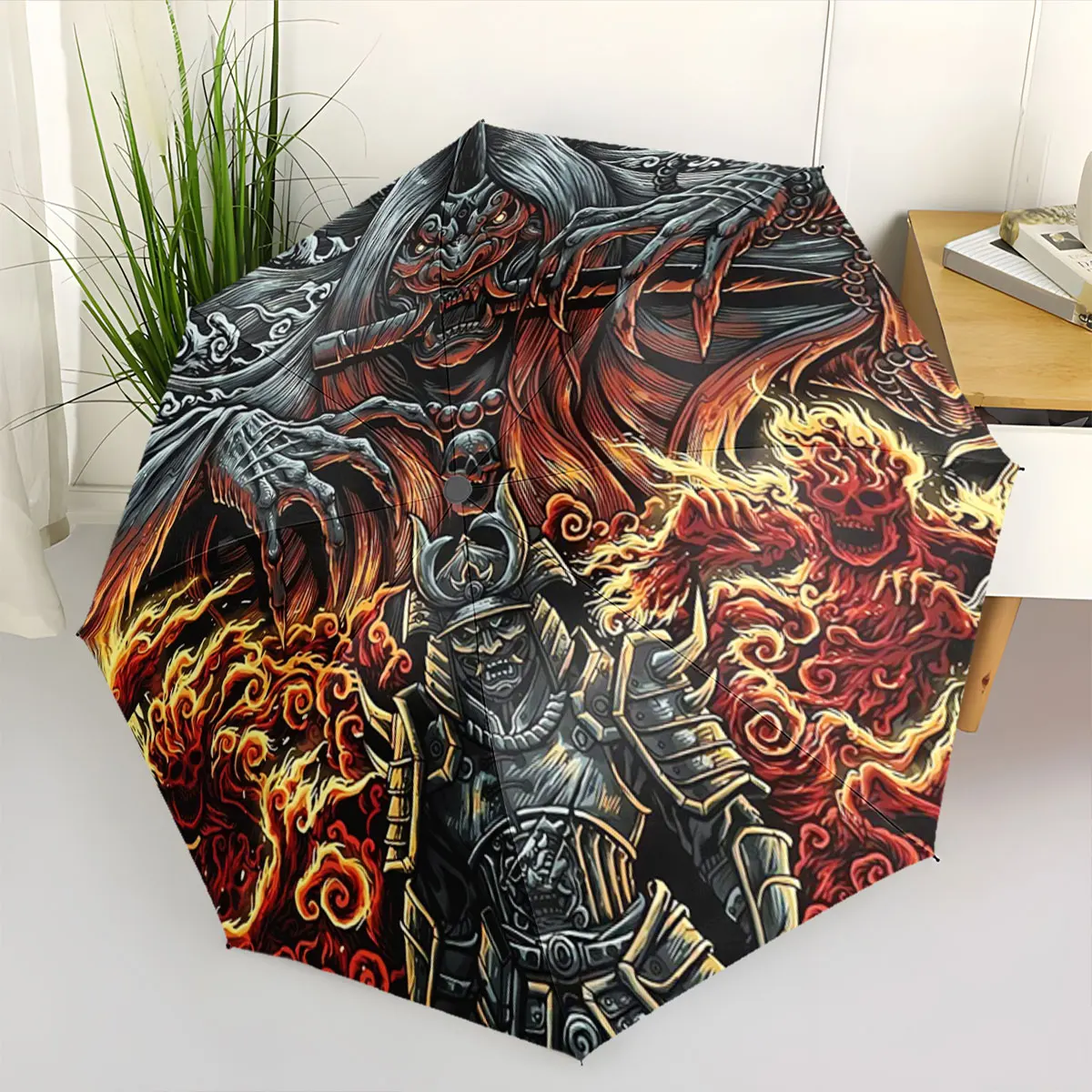 Samurai Warrior With Fiery Demons and Dark Ghostly Spirit portable waterproof sun rain umbrella for outdoor travel beach