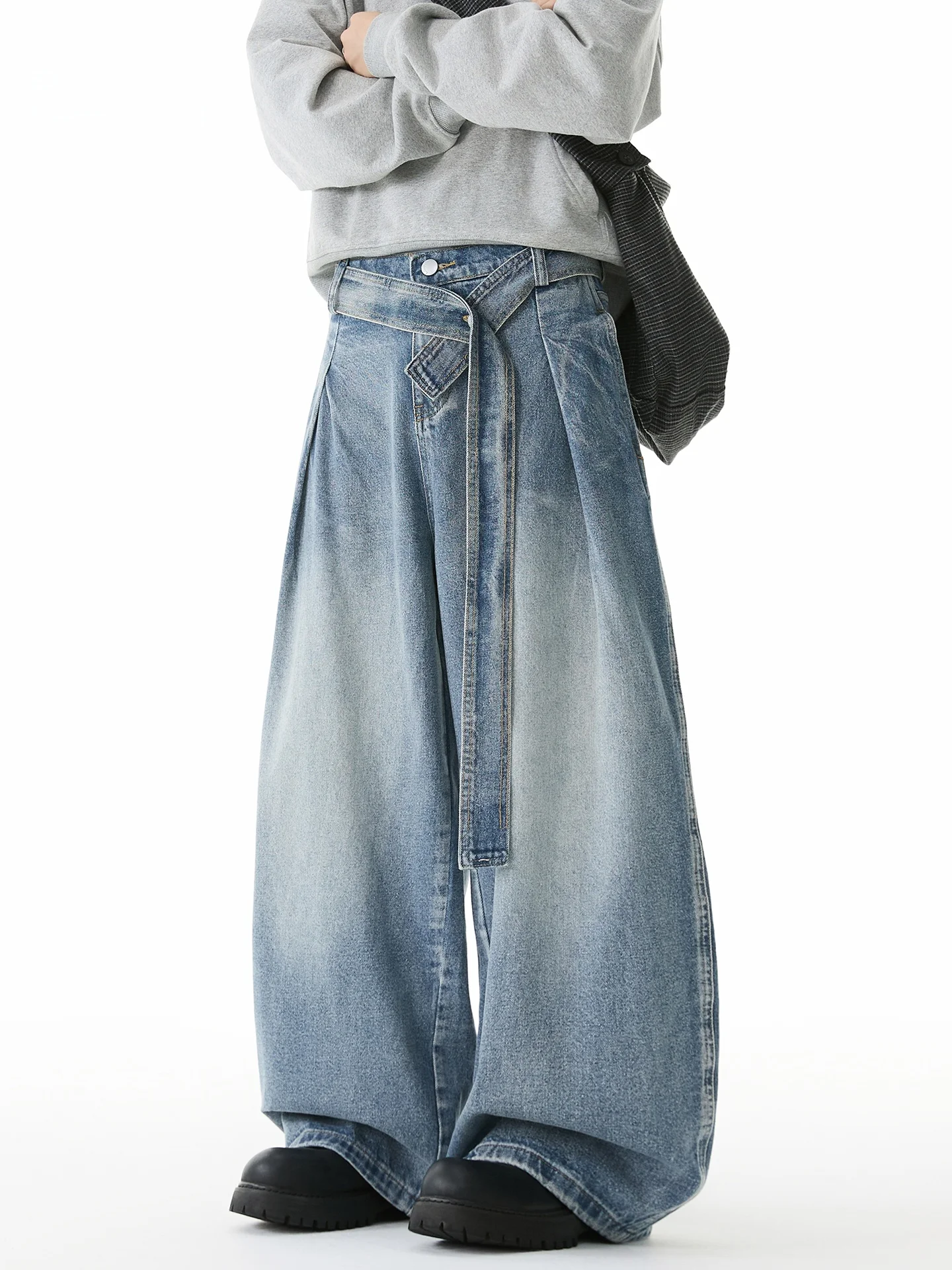 

Мужские джинсы American Sle Folded Knife: осенне-зимняя коллекция, дизайнерские, с поясом, широкие, прямые, длинные брюки оверсайз