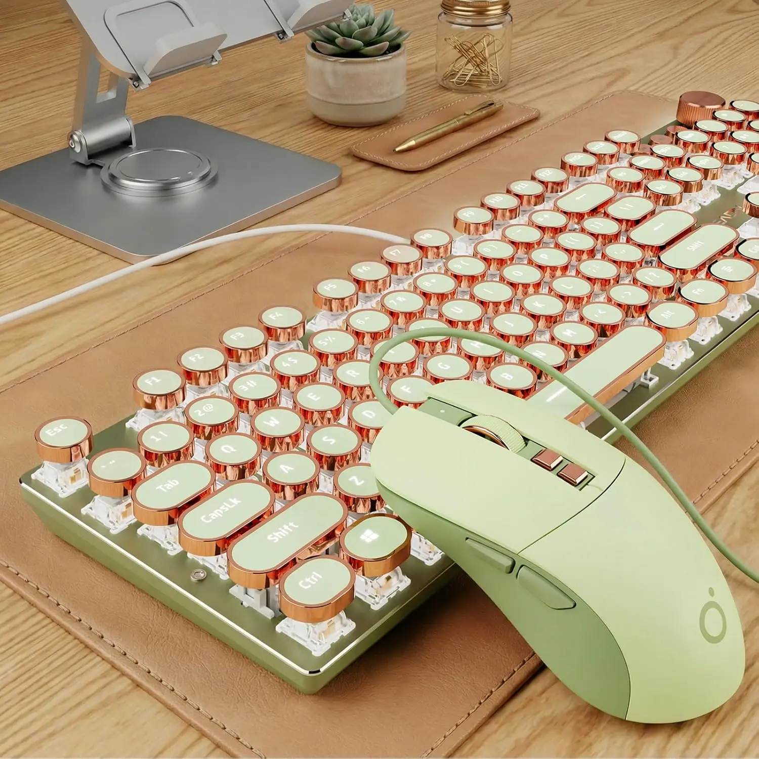 Typewriter Style Mechanical Keyboard & Mouse Combo, 104 Keys Backlit LED, Media Control Knob, Pink Switch for Windows/PC-Green