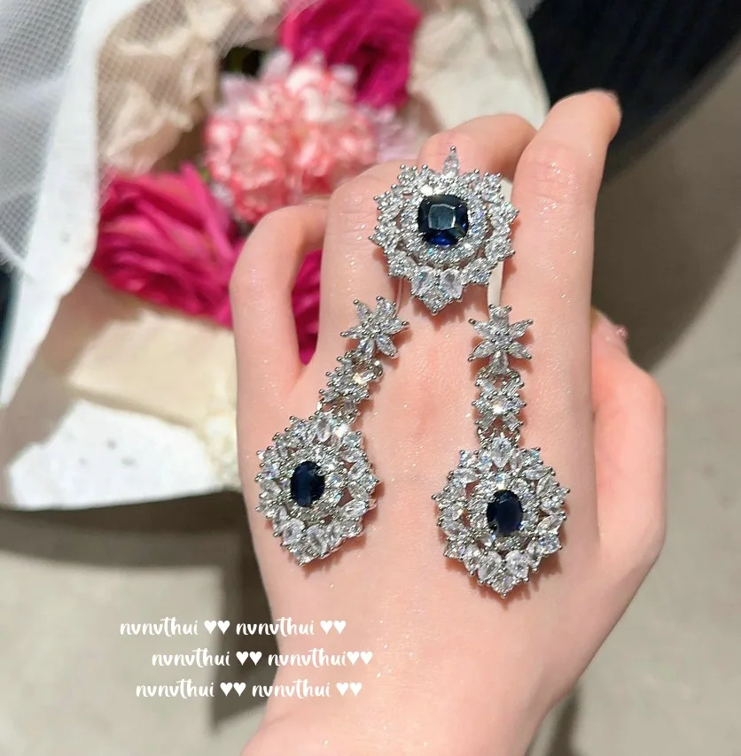 Trendy Lab Sapphire Bridal Jewelry Set Shine Blue Cubic Zirconia Retro 925 Silver Color Wedding Engagement Ring Earring Necklace