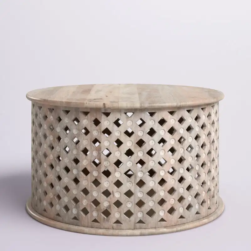 

Handmade solid wood round coffee table grid, carved base decoration combination function, suitable for the interior of the