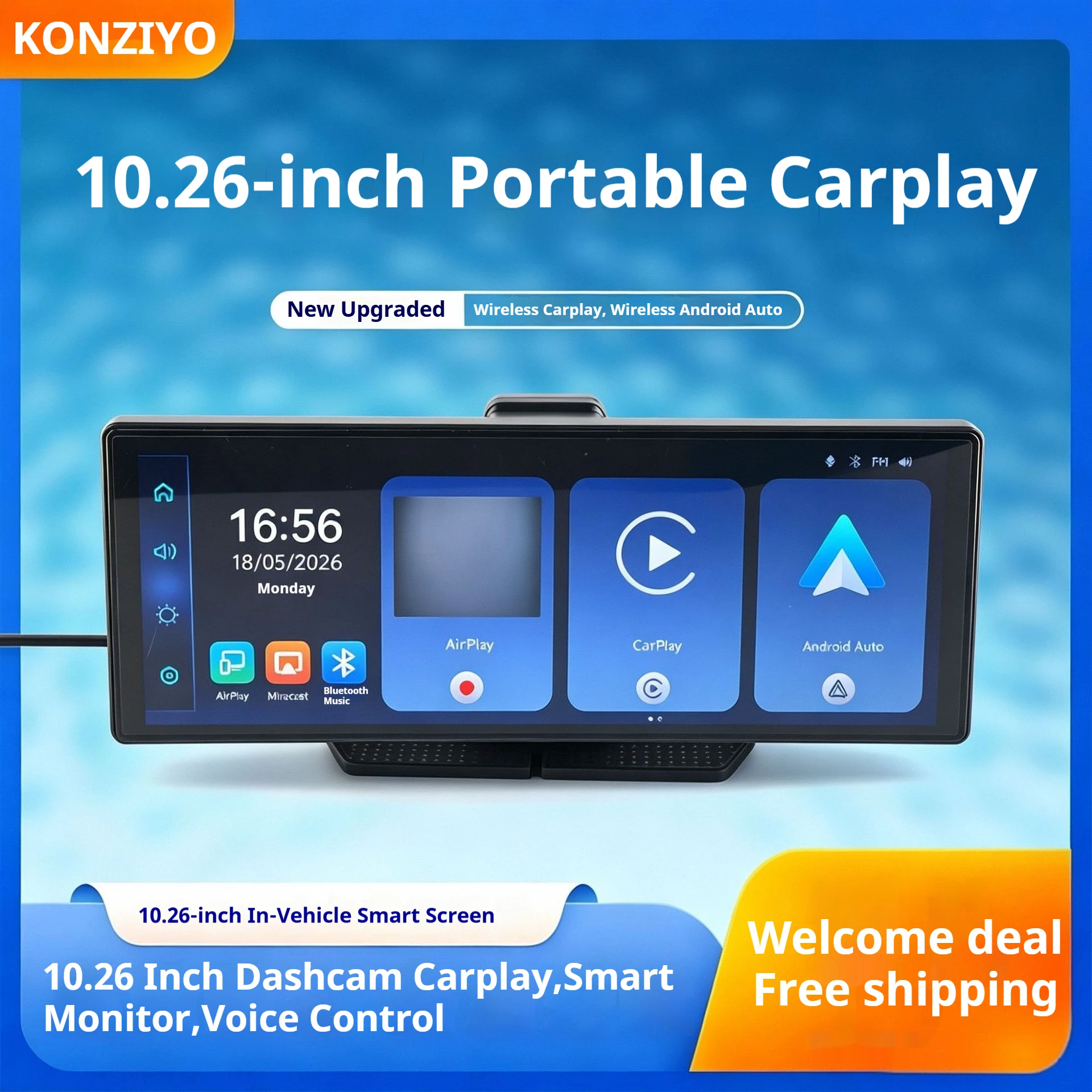 10.26'' Universal Portable Wireless Carplay Screen for Car with Android Auto Touchscreen Car Stereo System