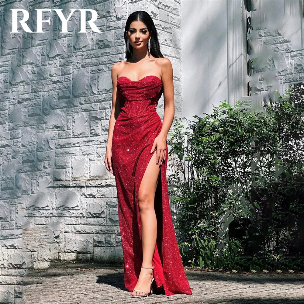 

RFYR Red Long Party Dress Vintage Sequin Glitter Night Dresses Shiny Mermaid Sexy Celebrity Dress with Split vestidos de fiesta