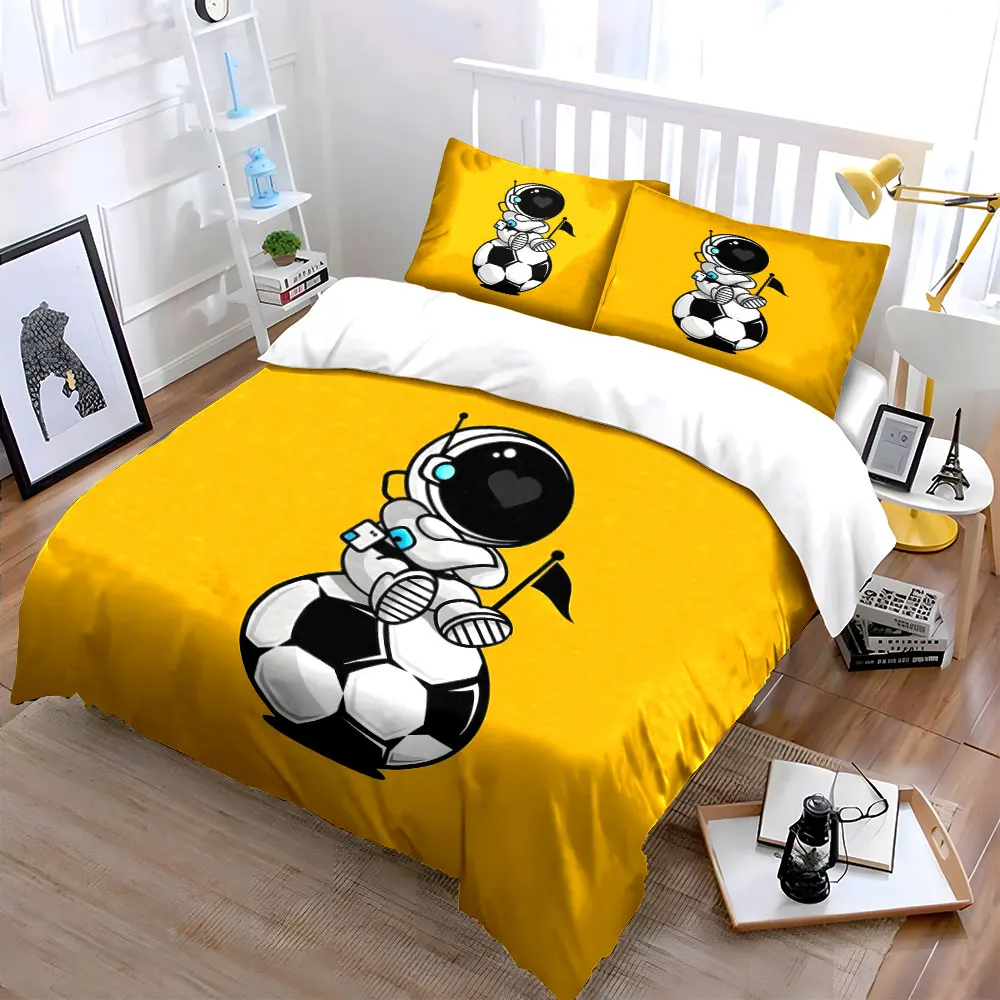 Cute astronaut sitting on soccer ball Print Bedding Set 1 Duvet Cover 2 Pillowcases for Adult and Children Luxury Gift Full Size