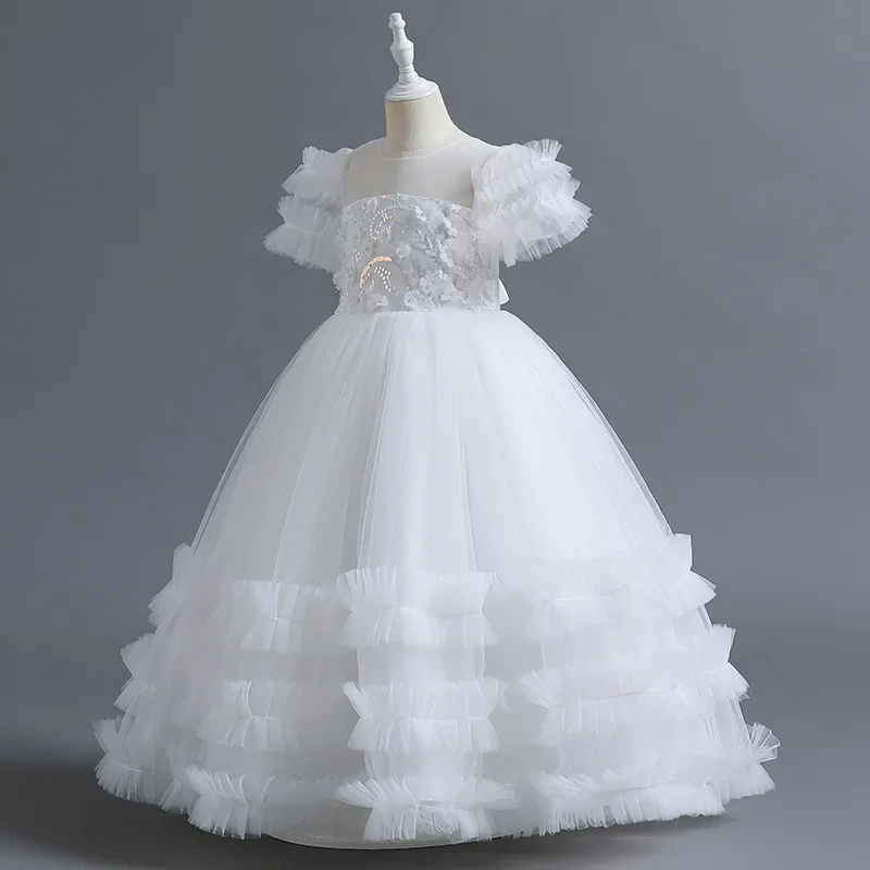 Vestido longo de tule com flores para meninas, vestido de festa tutu elegante, roupas de casamento infantil, 5-14 anos