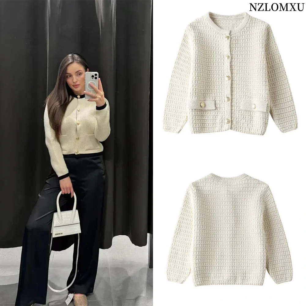 Beige Knit Cardigan Women Spring Cropped Sweaters Cardigan With Sleeve Elegant Button Up Knitted Cardigans For Woman Coats