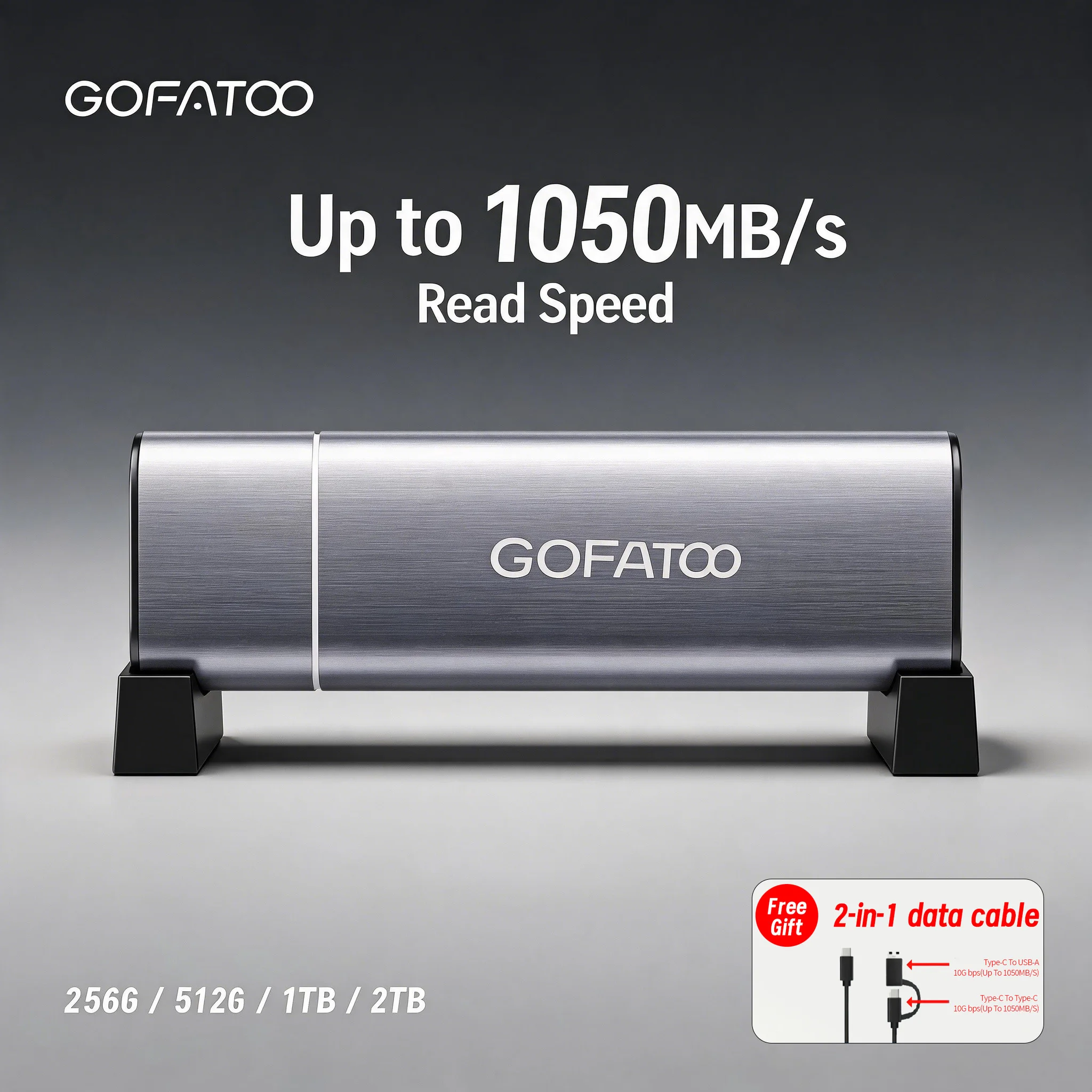 GOFATOO Portable External SSD 1050MB/s Type-C USB3.2 Gen2 256GB 1TB 2TB Plug and Play Storage for Laptop Mac PS5