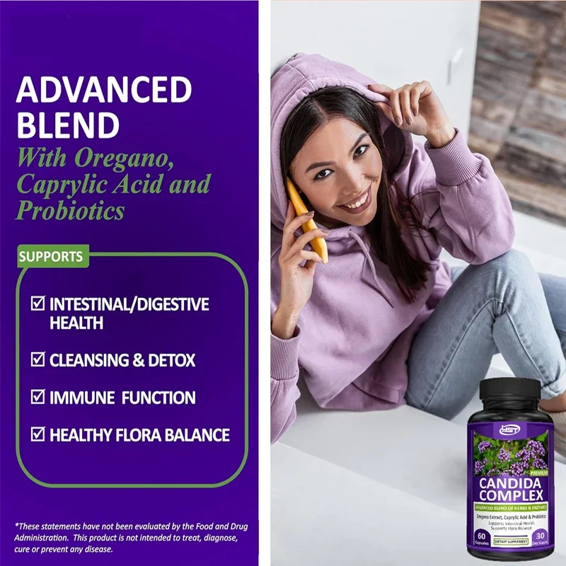 Candida complex, intestinal balance complex, immune support, containing probiotics, 60 intestinal health supplements