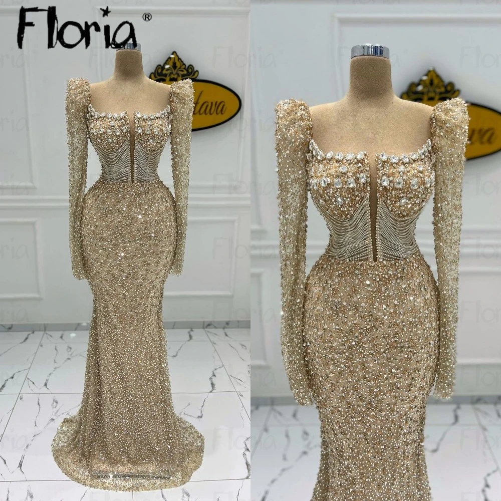 Arabic Mermaid Champagne Evening Dress For Wedding 2024 Luxury Beaded Formal Prom Party Gowns Bride Crystals Robe Soirée Female