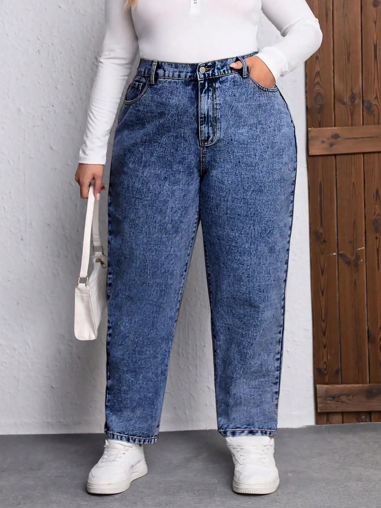 

Plus Size Women's High-Waisted Loose Fit Denim Tapered Pants, Non-Stretch