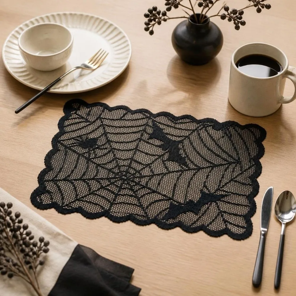Durable Gothic Style Halloween Placemats Skeleton Bat Decoration Dining Mat Coaster Spider Web Table Napkins Halloween Party