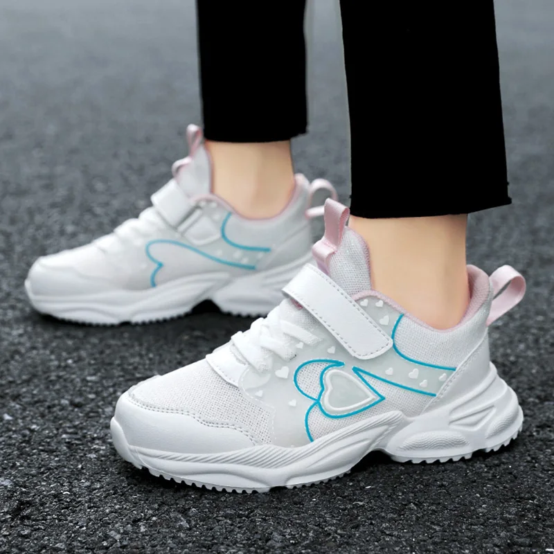 

White Kids Shoes For Girls Outdoor Casual Tennis Comfortable Breathable Sport Walking Sneaker Anti Slip Size 28-38