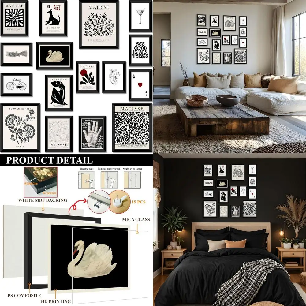 

Black & White 16-Piece Home Decor Wall Art Set, Minimalist Living Room Prints, Abstract Matisse-Style Gallery for Bedroom