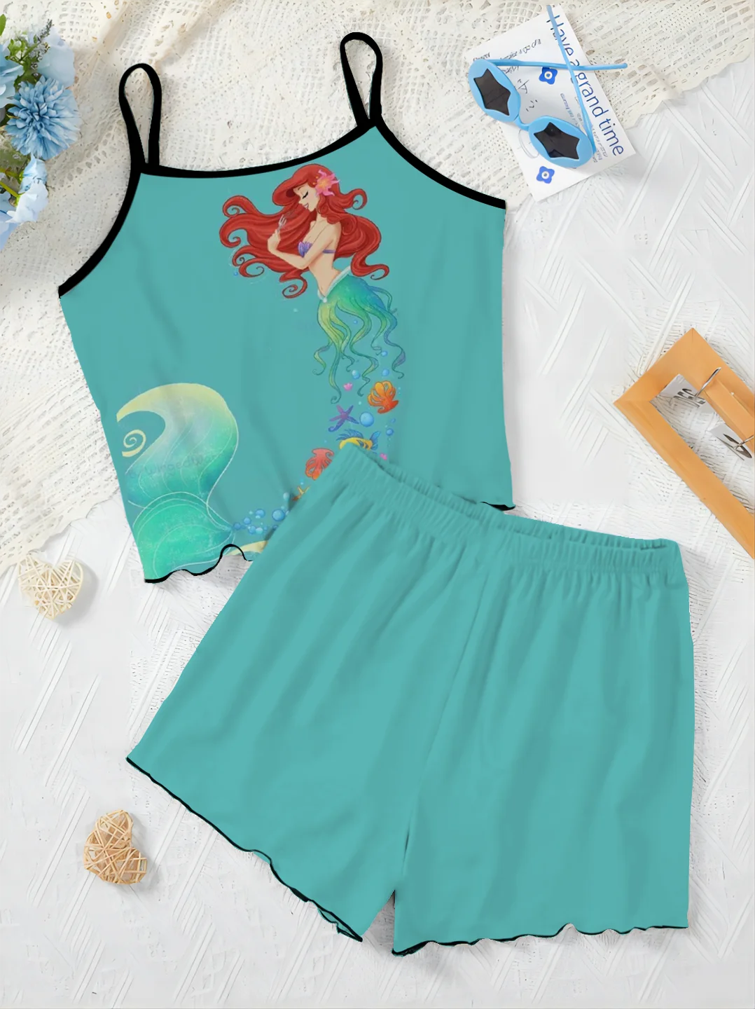 Women's Suit Lettuce Trim Top Home Dress New Two Piece Set T-shirt Pajama Skirt Mermaid Pants Sets Disney Pieces Short Elegant