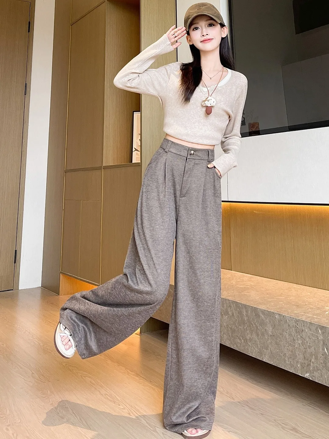 กางเกงขากว้างทรงตรงผ้าข้าวเหนียวสีโออาเอล สำหรับผู้หญิง ฤดูใบไม้ร่วง ฤดูหนาว รุ่นใหม่ เอวสูง ทรงหลวม สไตล์ลำลอง เนื้อผ้านุ่ม