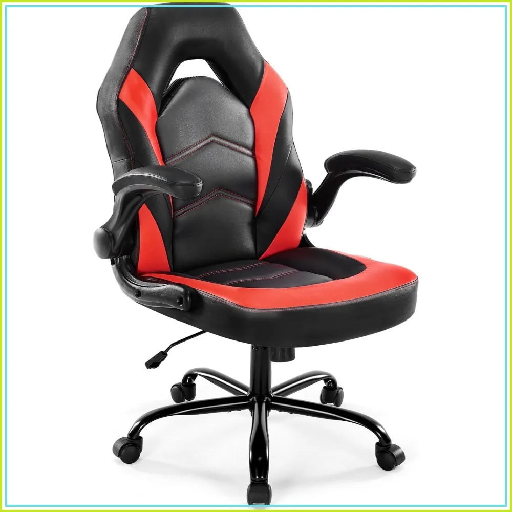Ergonomic Video Game Chair with Lumbar Support, Flip-Up Armrests, Adjustable Height, PU Leather, Swivel Wheels, Scarlet Red