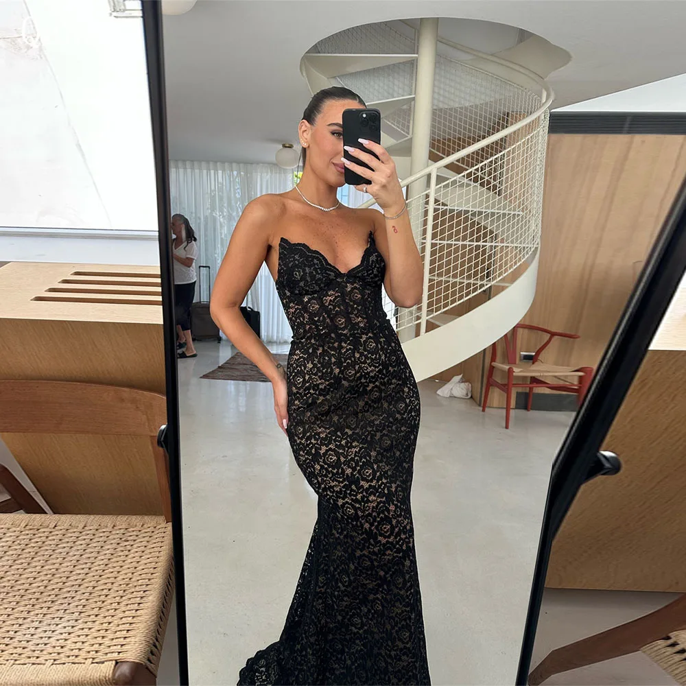 Qanz Abiti da sera modesti in pizzo nero Sweetheart Sirena Fodera color carne Abiti da festa Abiti da festa personalizzati
