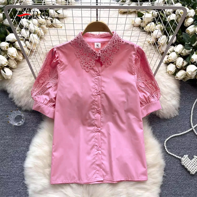 

Women Summer Single Breasted Hollow Out Lace Shirts Female Sweet Pink Embroidery Puff Sleeve Blouse Versatile Y2k Top Blusas