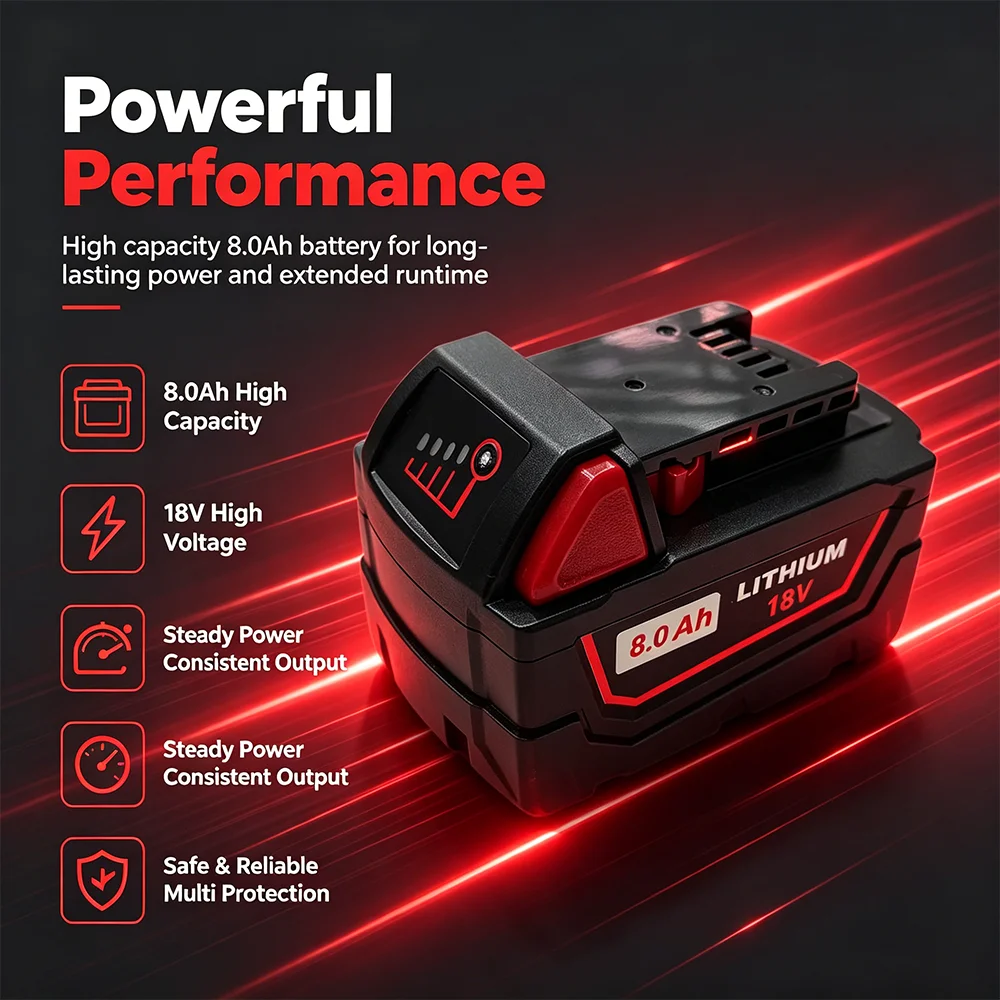 Für Milwaukee M18 Elektrowerkzeug-Akku 18V 8,0Ah Wiederaufladbarer Ersatzakku mit M18B5 48-11-1860 48-11-1850 48-11-1840 48-11-2402 48-11-2411 8000mAh 12000mAh Lithium-Ionen-Akku – Detail 5