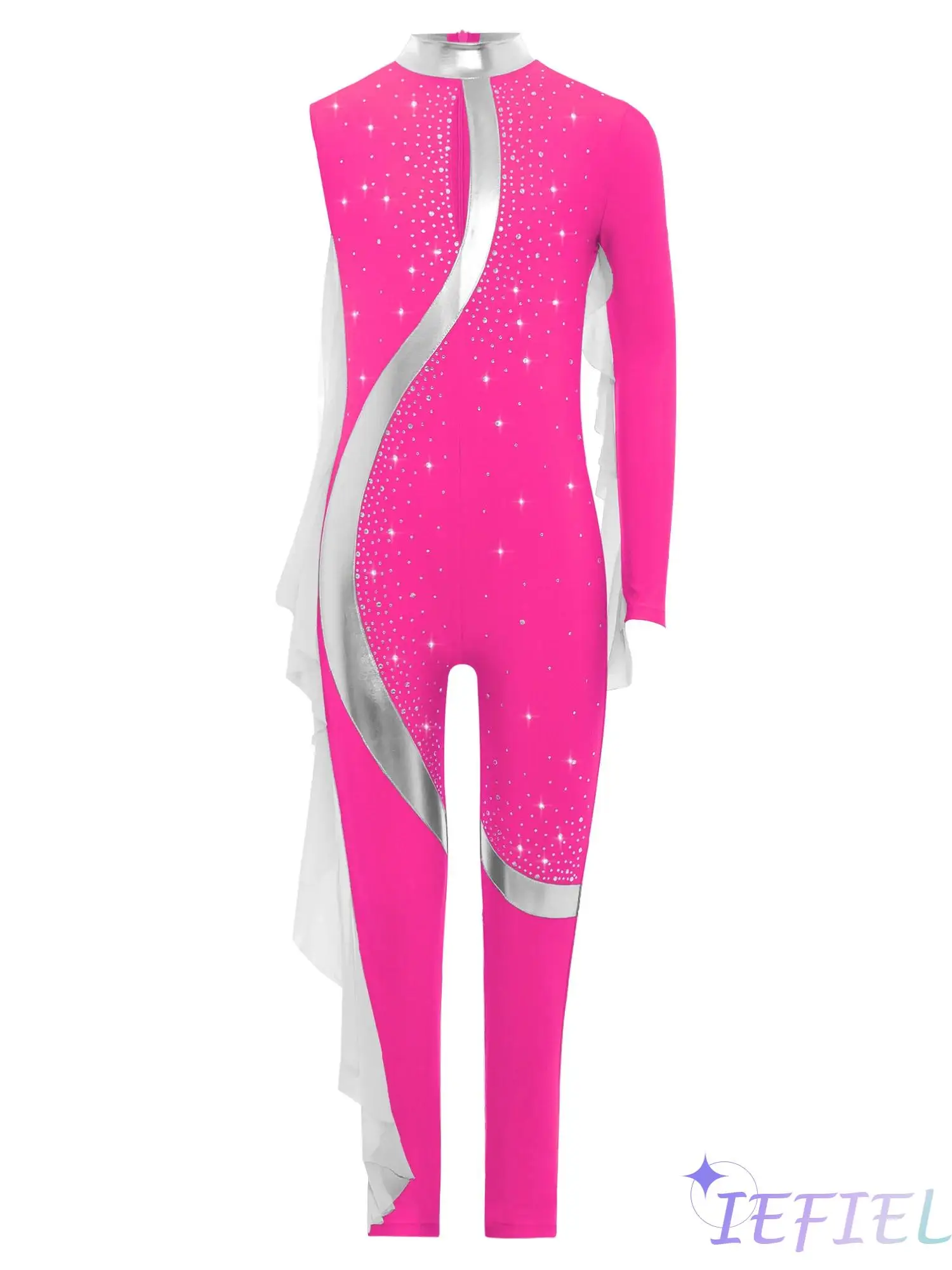 

Girls Ballet Dance Asymmetrical Sheer Mesh Leotard Ruffles Long Sleeve Rhinestones Bodysuit for Gymnastics Dance Figure Skating