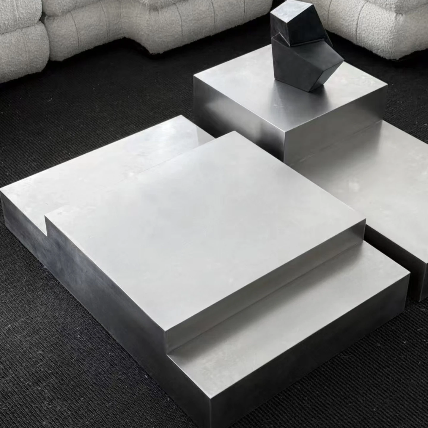 Nordic retro, geometric design, futuristic style, stainless steel metal texture, square living room coffee table