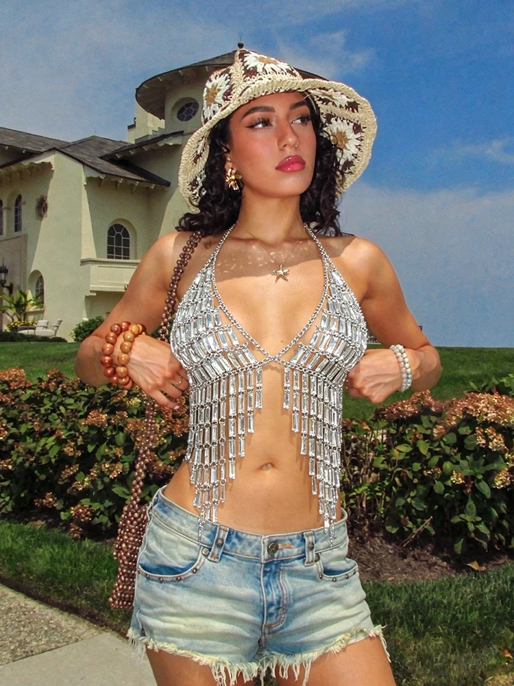 Glitzerndes Edelstein-Kristall Rückenfreies Crop-Top für Frauen Sexy Tiefer V-Ausschnitt Neckholder Hohltop Rave Musik Festival Camisole