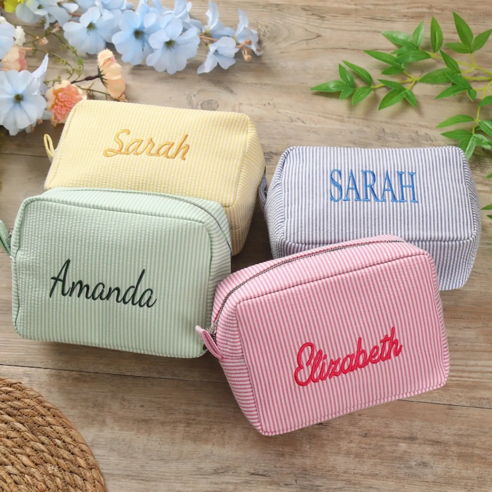 Embroidered Makeup Bag Personalized,Gift for Women,Seersucker Cosmetic Bag, Travel Toiletry Bag,Large Makeup Organizer