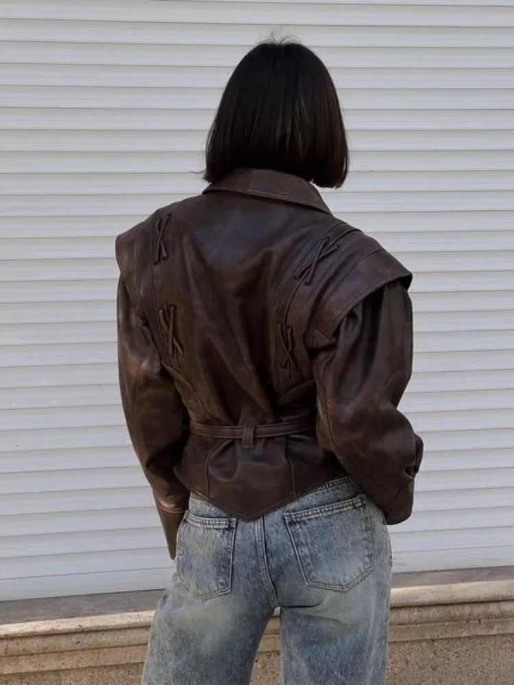 Vintage Women's Leather Jacket With Belt Slim Lace Up Lapel Long Sleeve Locomotive Coat 2025 Autumn Lady High Street Y2k Outwear