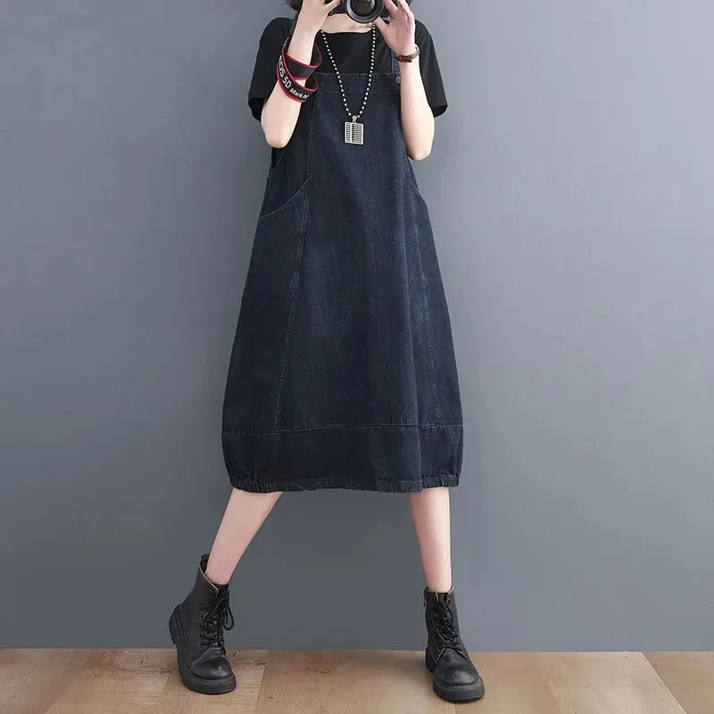 Women's Loose Denim Suspenders Dress, Sleeveless Halter Dresses, Female Korean Dresses, Oversized, 90kg, Spring, Summer, New