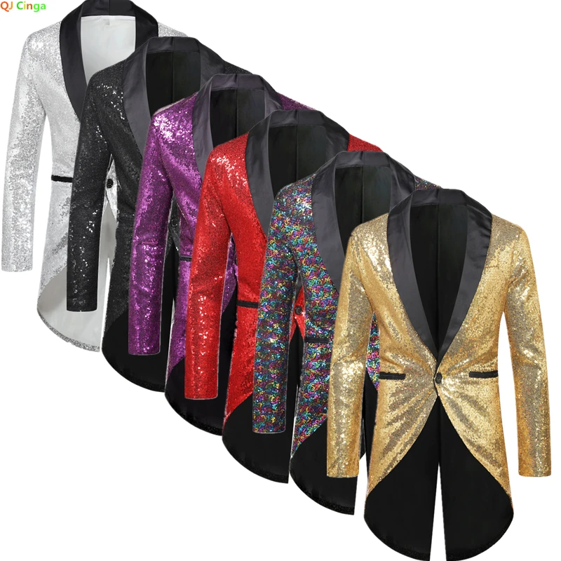 Gold Sequin Suit Jacket Men\'s, Performance/Party Dress Coats, Red Silver Male Blazers, Purple White Black Collar Tuxedo