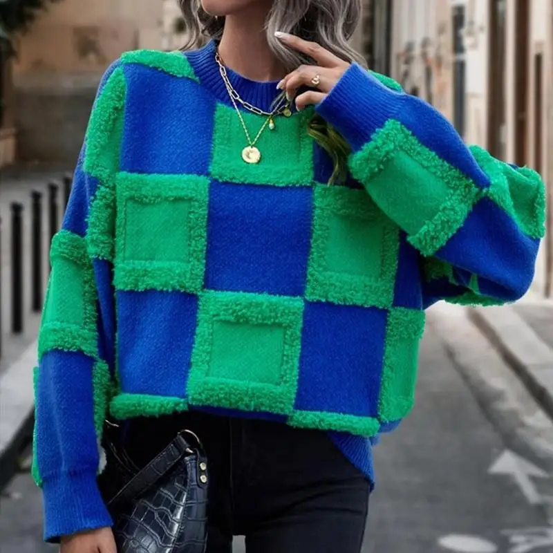 

Autumn Winter Ladies irt Coat Women Sweater Tops Street Sle Long Sve Low round Ne Regular Length Plaid Knitted Sweater