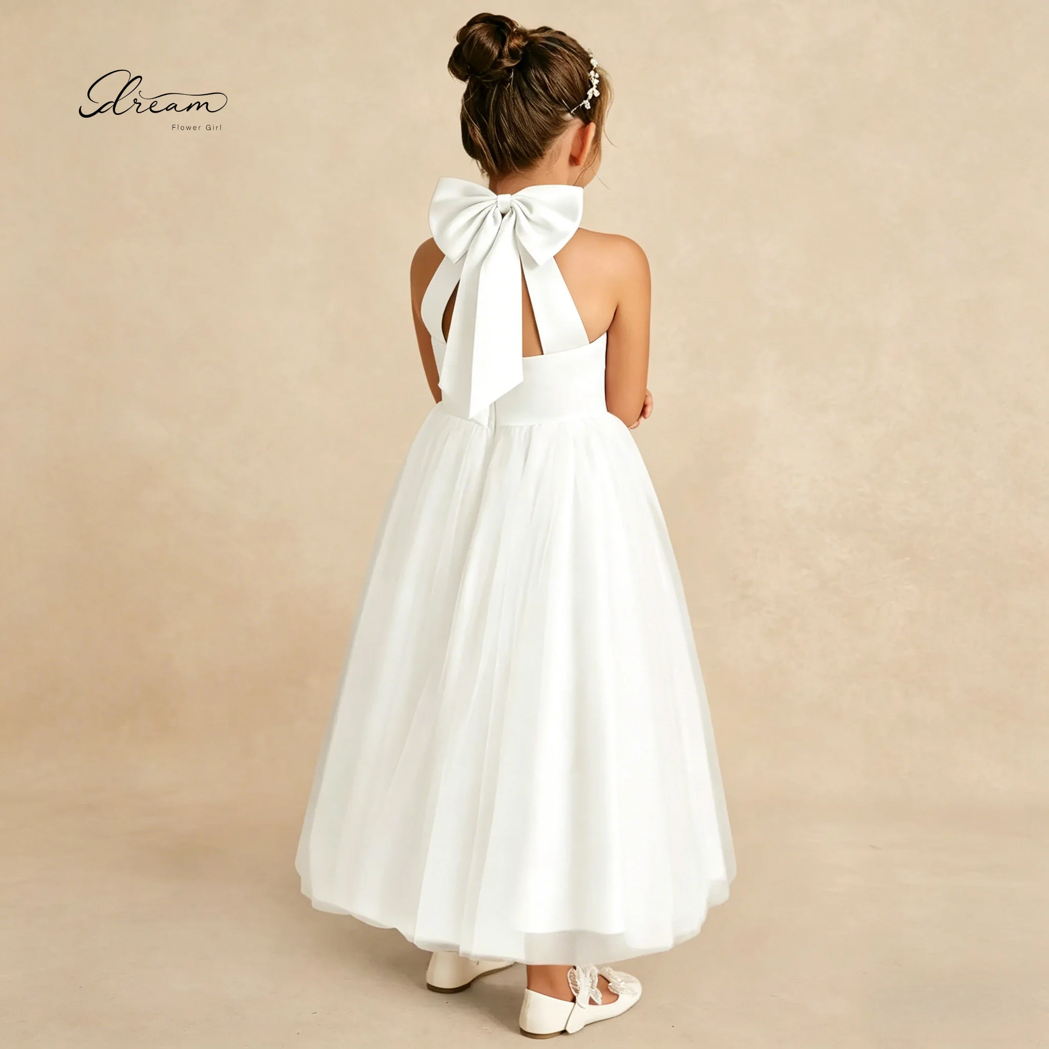White Halter Neck Flower Girl Dress with Big Bow Satin Bodice Tulle Skirt Kids Wedding Party Brithday Gown