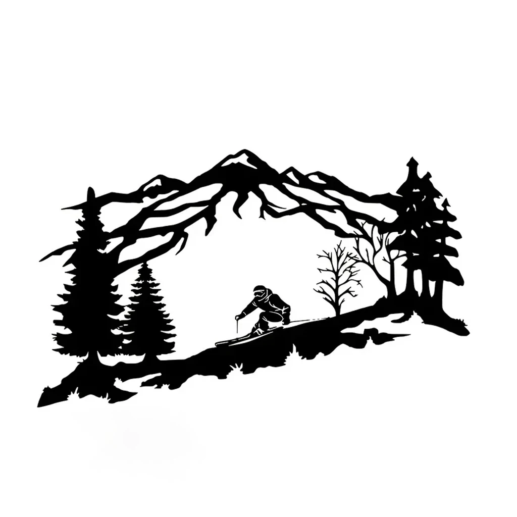 Metall-Skifahrer-Wandkunst, Wandkunst mit Berg- und Bäumen-Motiv, Metall-Wanddekoration, Ski-Liebhaber-Geschenk, Heimdekoration, Wandbehang aus Metall