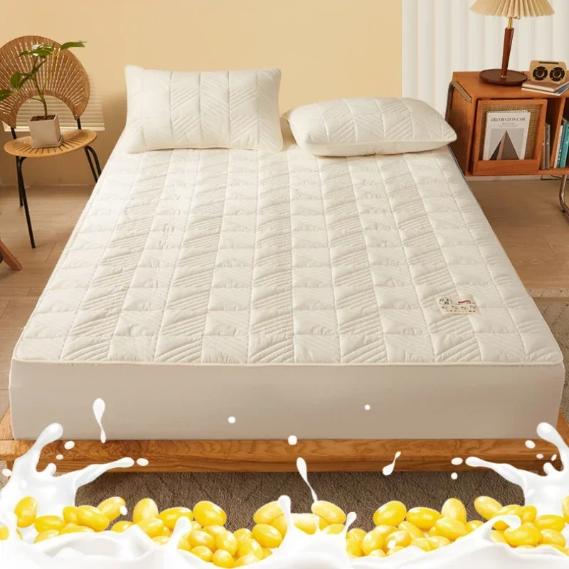 Natural Cotton Soybean Fiber Quilted Fitted Sheet, Breathable Thickened Mattress Protector Cover, Soft Bed Cover for All Season