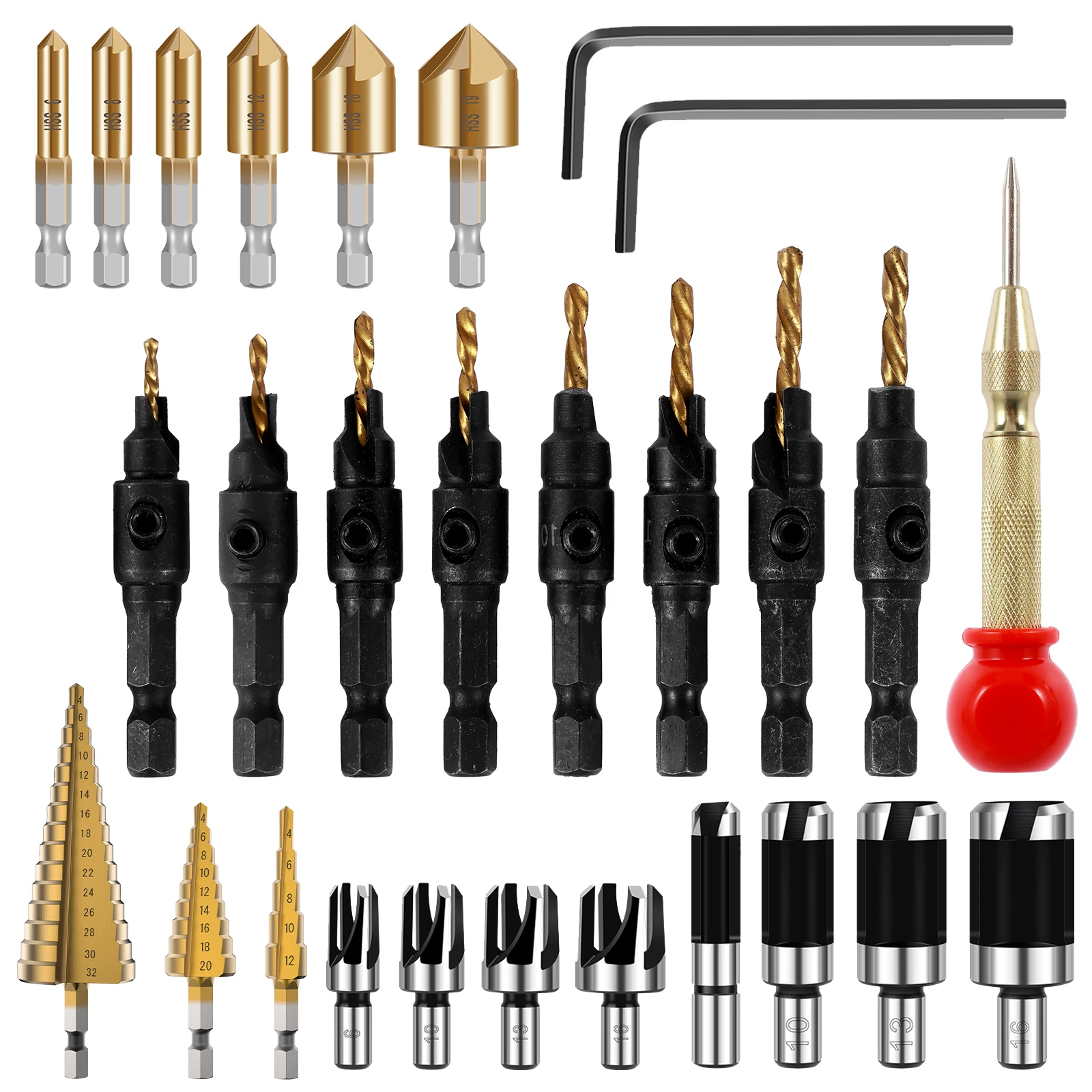 Woodworking Chamfer Drilling Tool and Accessories with Flute Countersink Drill Bits Step Drill Bit Center Punch Wood Plug Cutter