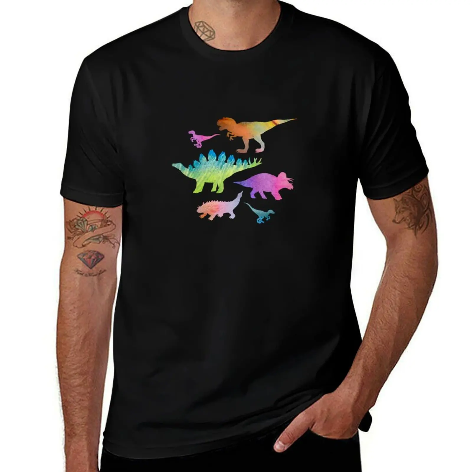 

Dinosaur rainbow on black T-Shirt funny t shirts cotton man t shirts cotton T-Shirt