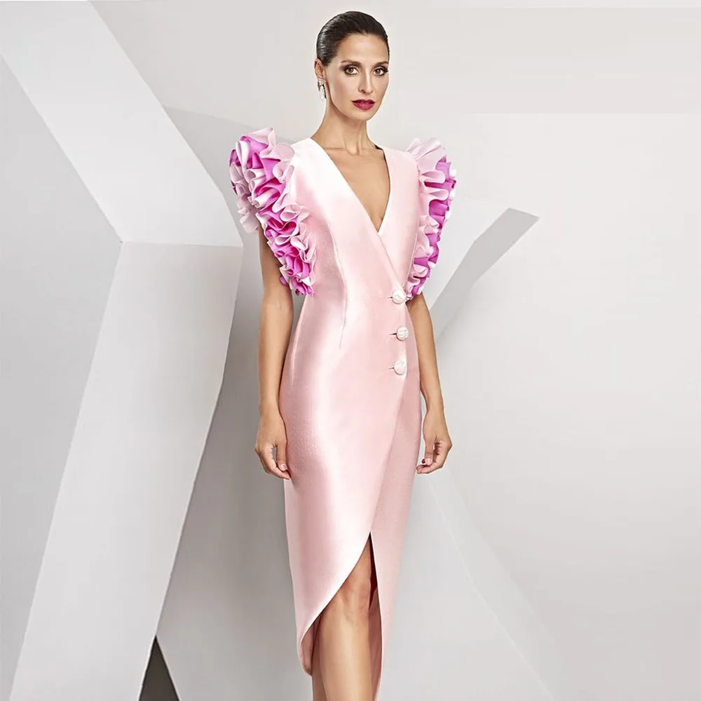 Vestido rosa con cuello en V para madre de la novia, vestido de fiesta con volantes, longitud de té, columna con cuentas, moda para invitados de boda