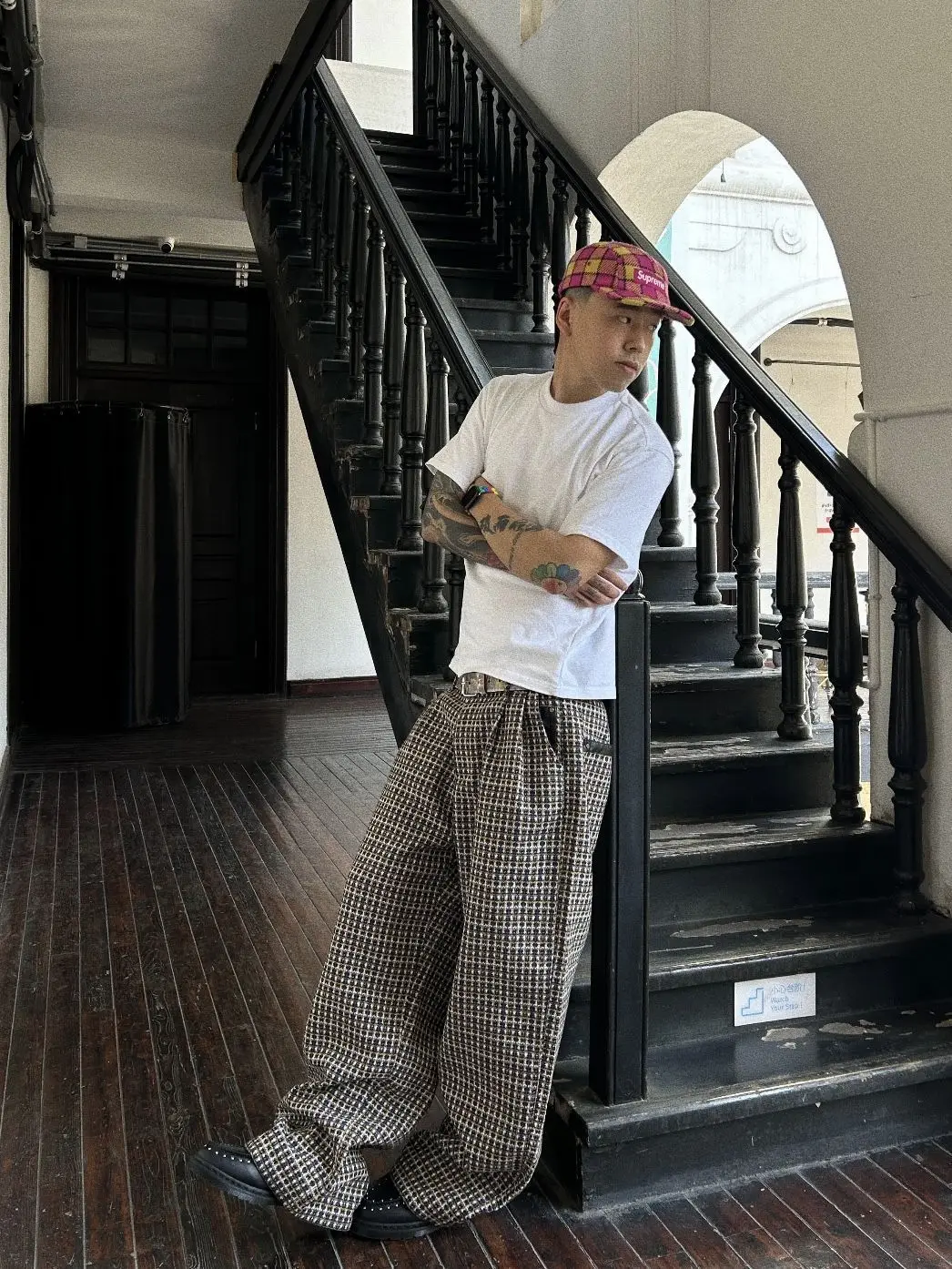 Men's Retro Plaid Pattern Casual Pants 90s Sweatpants Office Boys Bottom Male High Waist Wide-leg Trousers