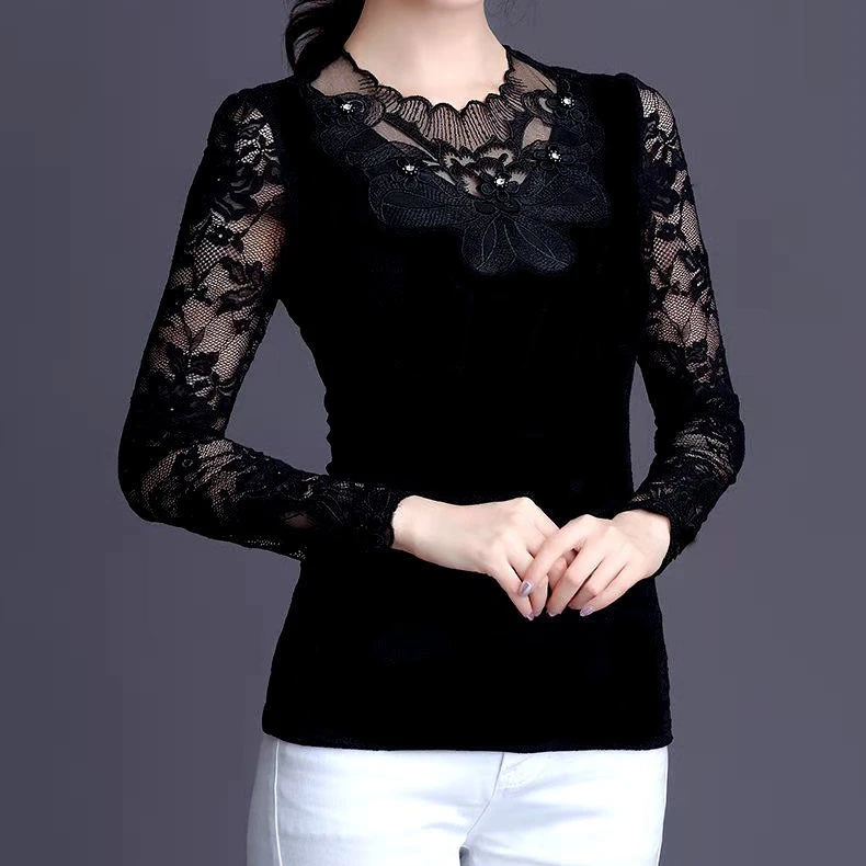 Mince/optique dentelle noire maille pulls bas chemise femme à manches longues printemps automne nouveau Tshirt chemisier M-4XL