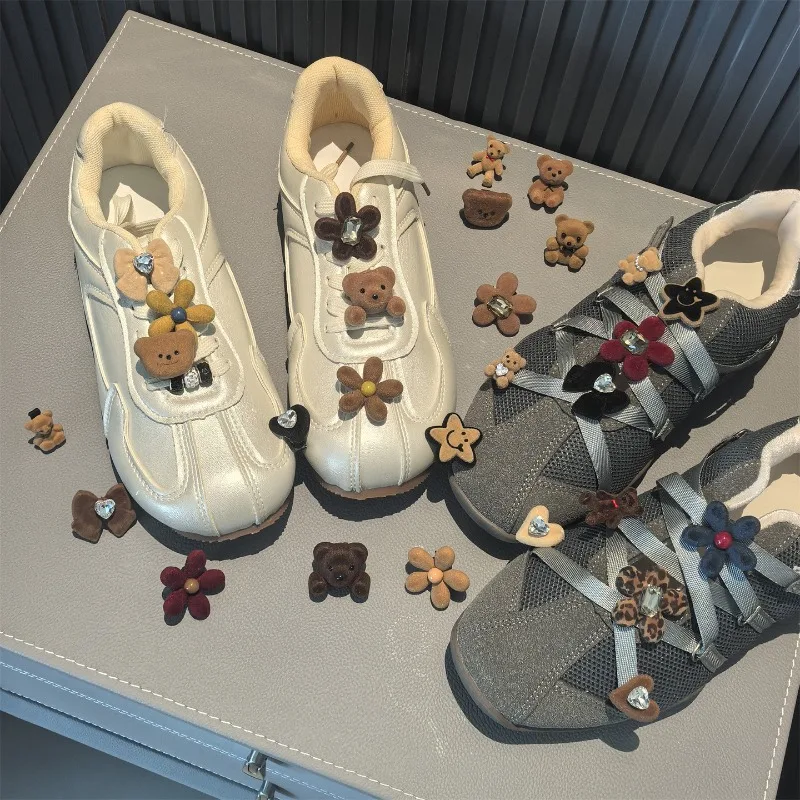 Cute Flocking Bear Flower Shoe Charms, Sweet Bow Heart Rhinestone Shoe Decorations, Detachable Shoe Lace Ornaments for Sneakers