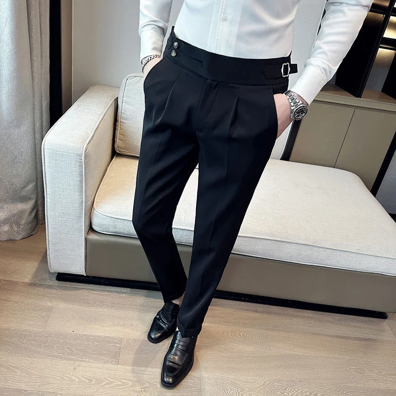 High quality elastic suit pants for men\'s Italian style personalized pleated white small suit pants for youth pants29-40