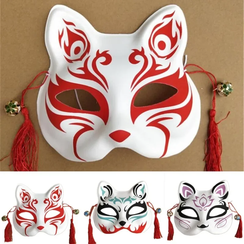 Party Show maschera volpe con nappe e campane Kitsune dipinte a mano mezza faccia regalo Cosplay di Halloween