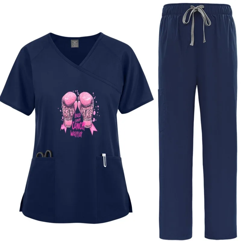 

Женская униформа медсестры с завязками на спине и принтом на заказ, тонкие быстросохнущие брюки с короткими рукавами, рабочие скрабы для салона красоты, центр беременных
