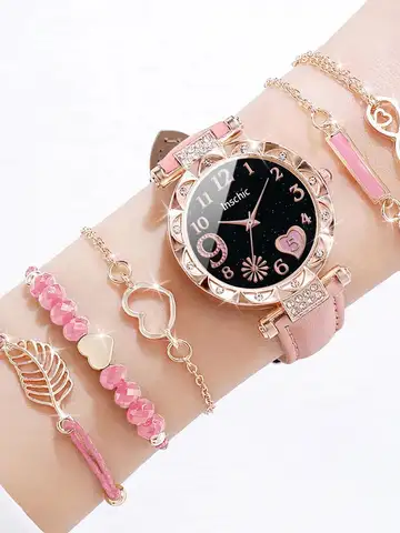 6PCS/Set Fashion Heart Dial Women's Watch Casual Leather Band Analog Quartz Watch Leaf Bracelets Set（Without Box）