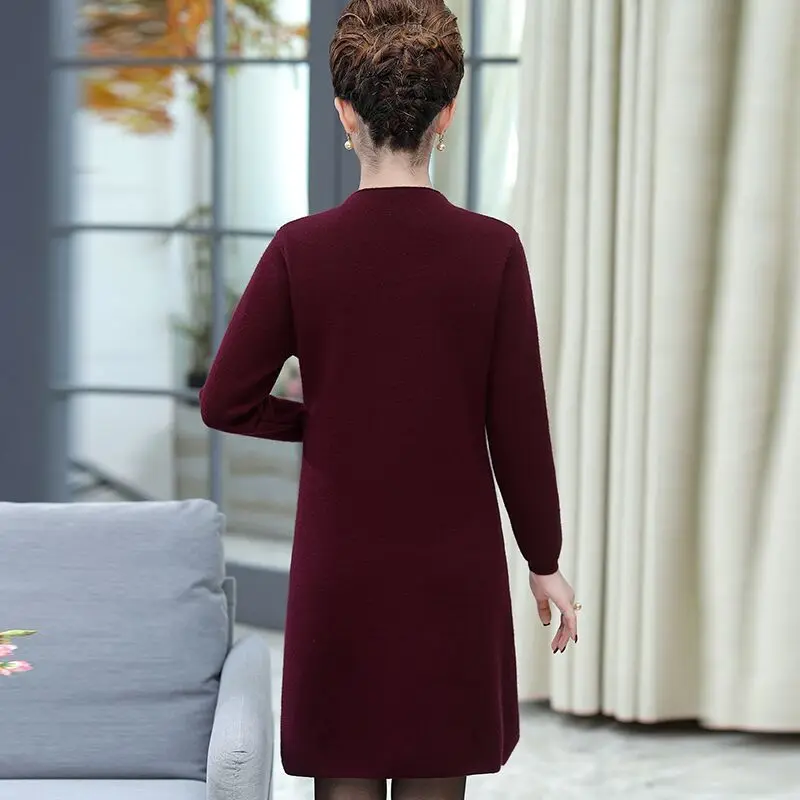 Wine Red Winter Printed Women\'s Thick Half High Neck Long Sleeved Knitted Top Autumn Temperament Commuting Loose Fitting Dress