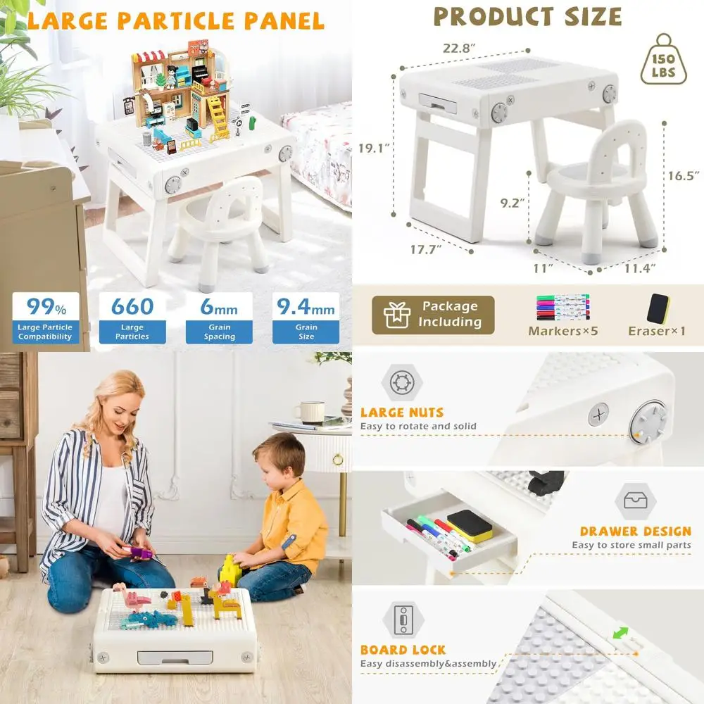 

Children's Double-Sided Drawing and Building Table with Storage and 5 Markers