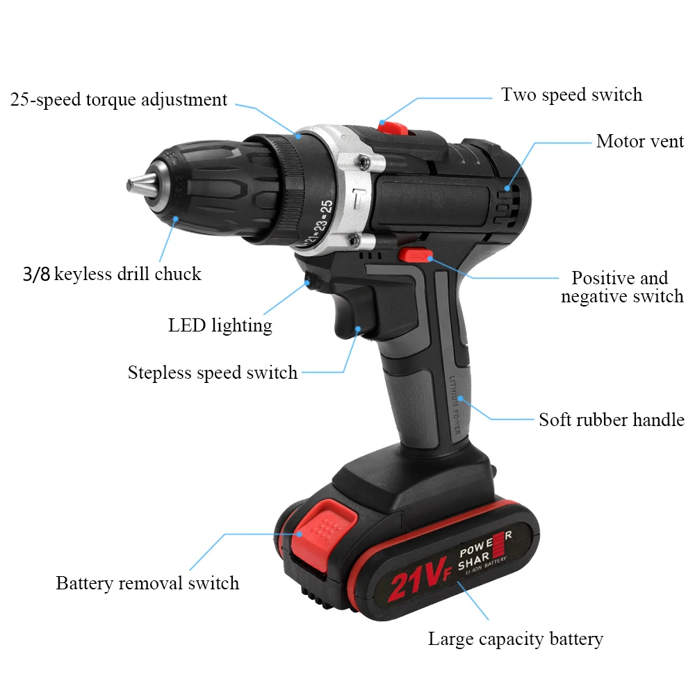 21V Elektro schrauber Schrauben dreher Akku elektrische Schlag bohrmaschine Hochleistungs-Lithium batterie wiederauf ladbare Hand bohrer Home DIY