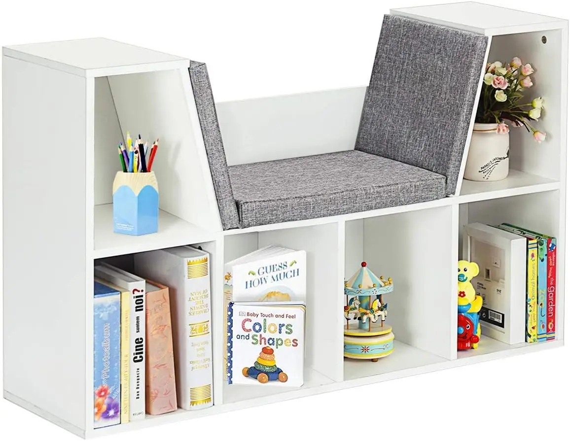 6-Cubby Kids Bookcase w/Cushioned Reading Nook, Multi Purpose Storage Organizer Cabinet Shelf with Soft Cushion and